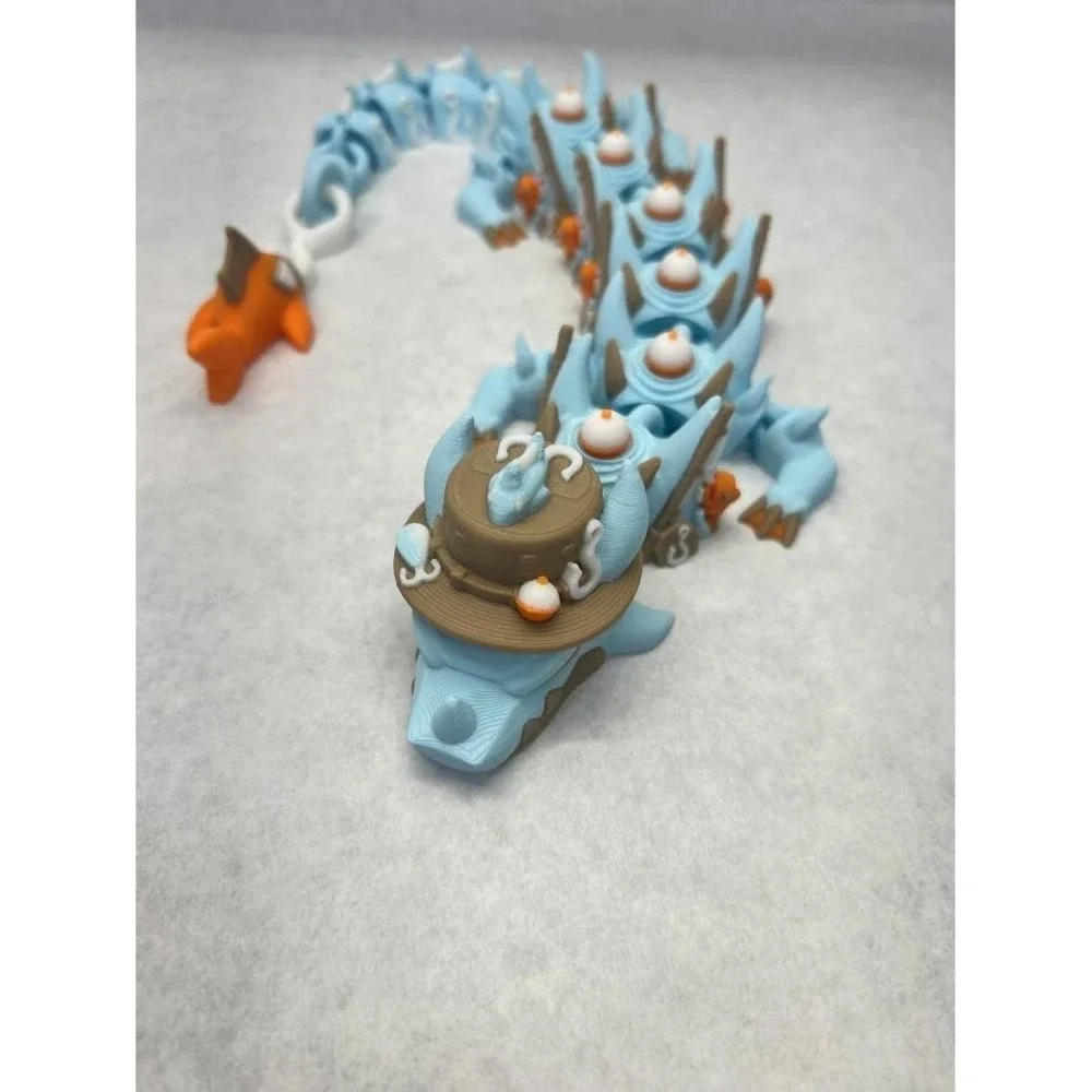 3D Printed Articulated Fishing Dragon Fidget Toy Blue Orange Fishing Hat 11